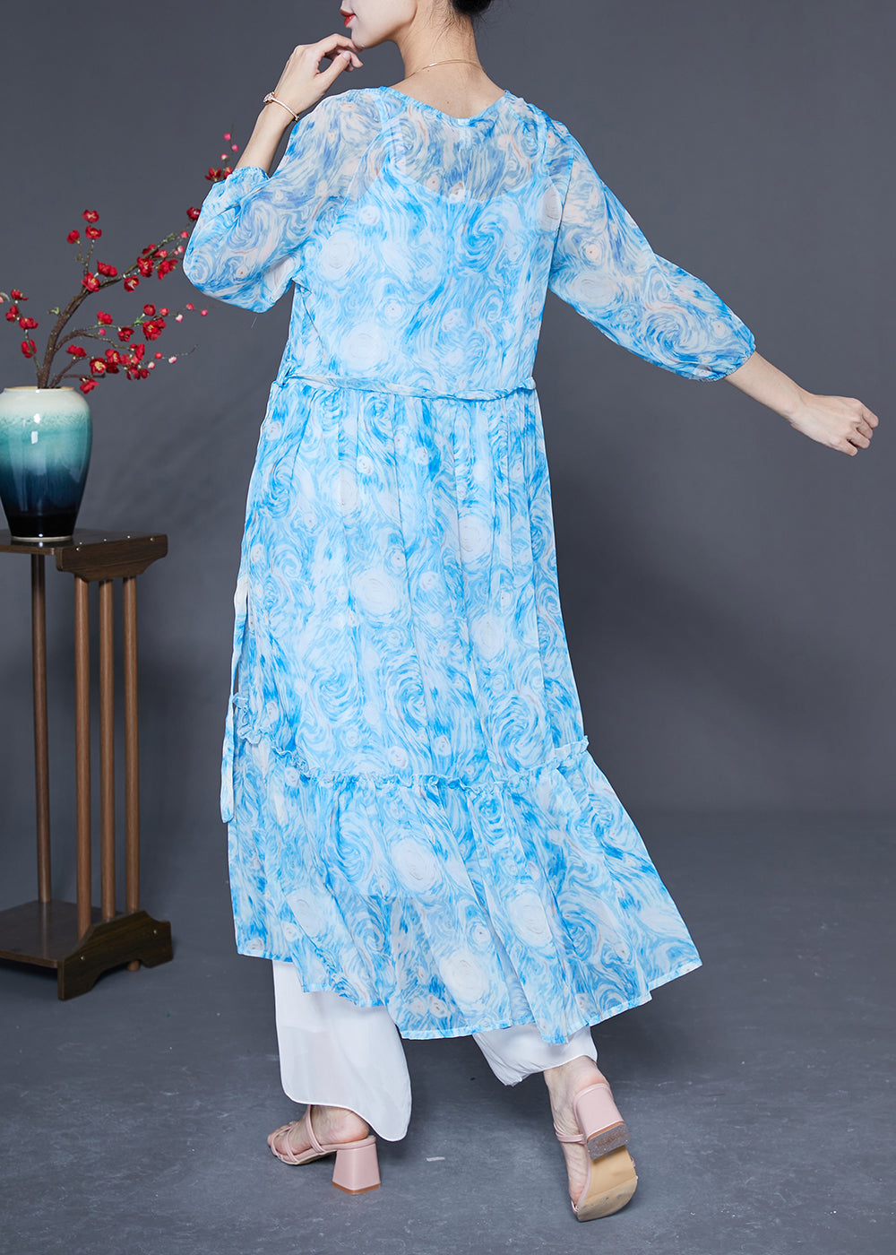 Blue Ruffled Patchwork Exra Large Hem Chiffon Beach Dresses Bracelet Sleeve