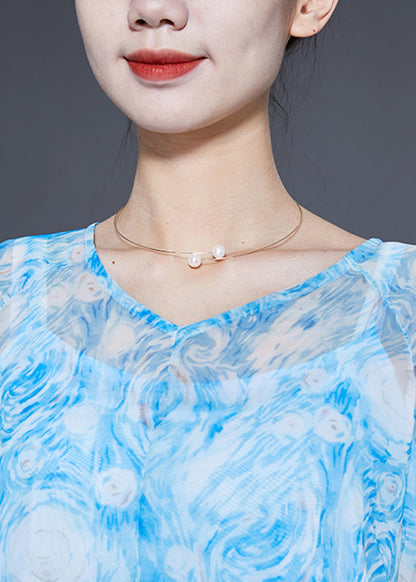 Blue Ruffled Patchwork Exra Large Hem Chiffon Beach Dresses Bracelet Sleeve