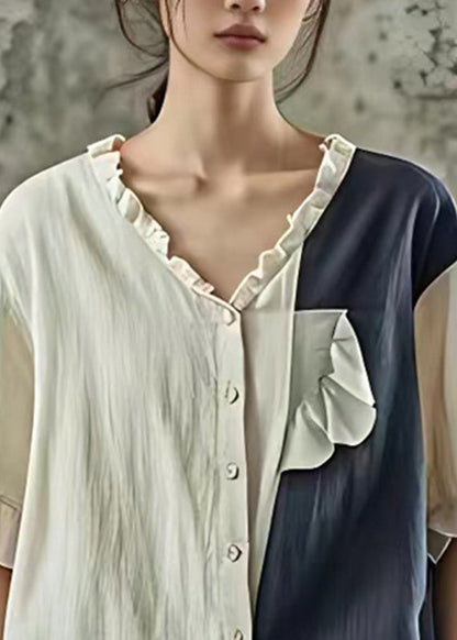 Blue Ruffled Patchwork Tops Short Sleeve