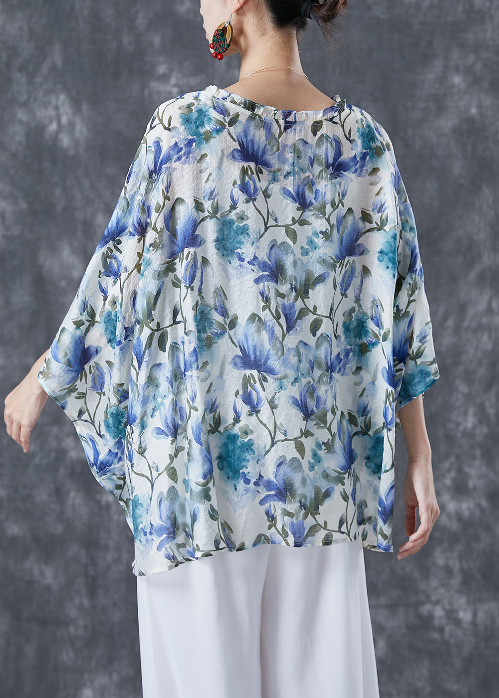 Blue Ruffled Print Cotton Shirt Tops Batwing Sleeve
