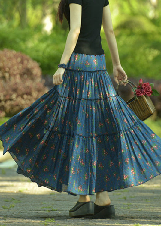 Blue Ruffled Print Exra Large Hem Cotton Skirt Spring