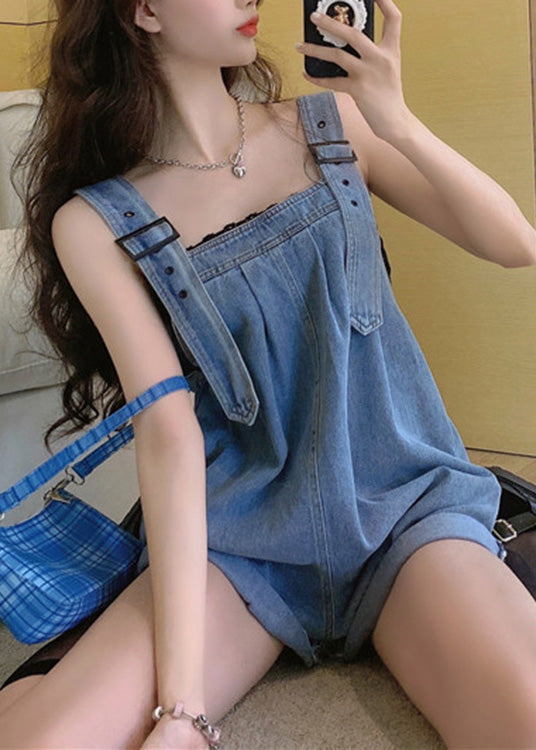 Blue Slash Neck Patchwork Button Jumpsuit Pants Summer