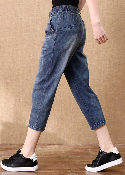 Blue Elastic Waist Pockets Cotton Denim Crop Pants Summer