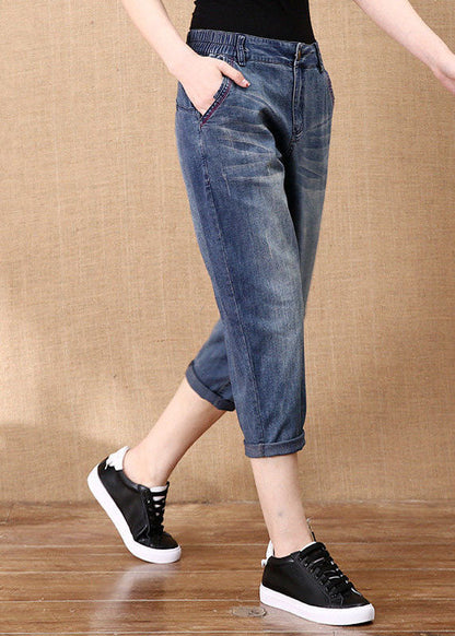 Blue Elastic Waist Pockets Cotton Denim Crop Pants Summer