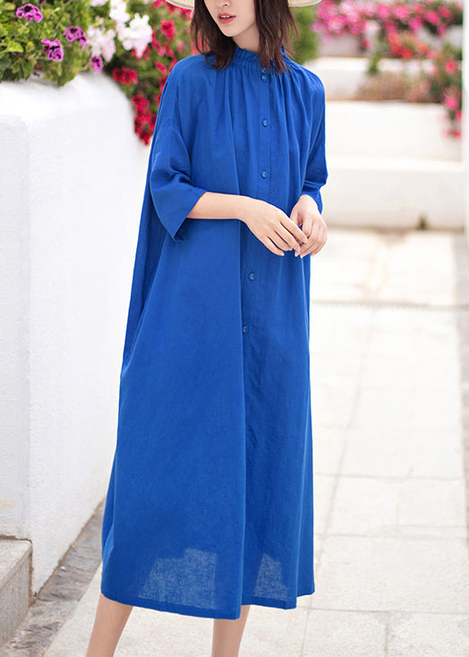 Blue Stand Collar Button Cotton Dresses Bracelet Sleeve