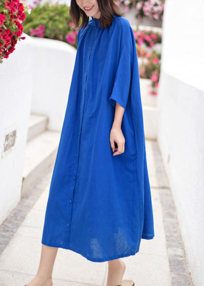 Blue Stand Collar Button Cotton Dresses Bracelet Sleeve
