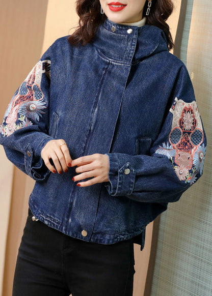 Blue Stand Collar Embroideried Denim Coats Spring