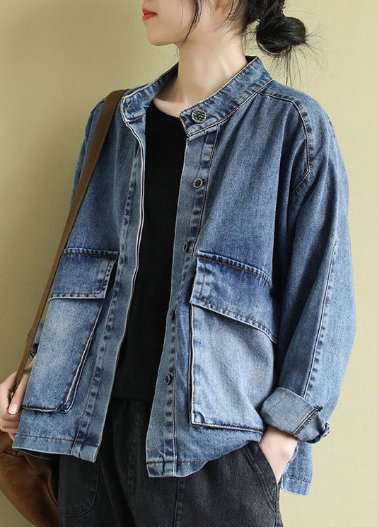 Blue Stand Collar Patchwork Button Denim Coats Long Sleeve
