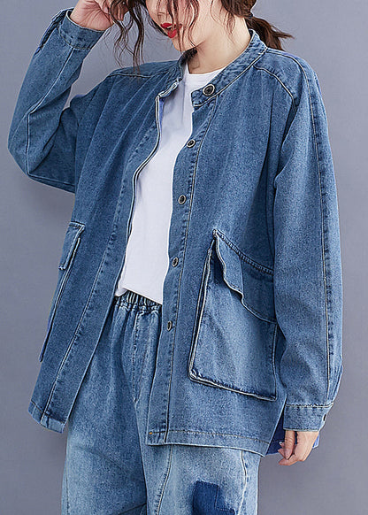 Blue Stand Collar Pockets Patchwork Denim Coats Fall