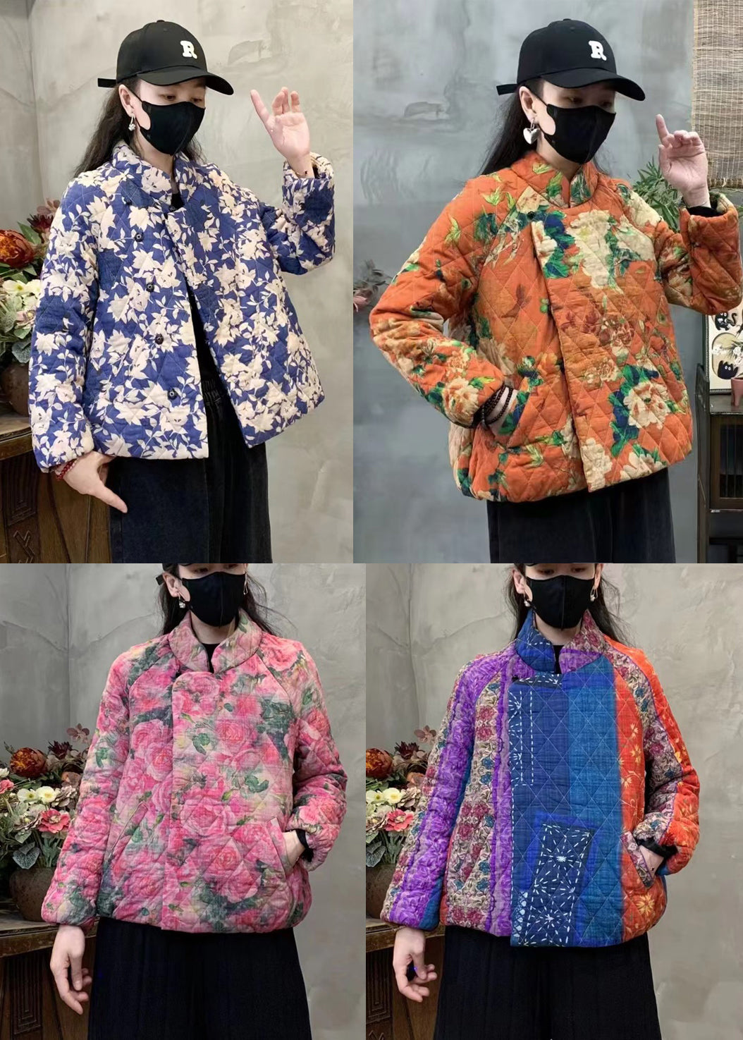 Blue Stand Collar Print Fine Cotton Filled Coat Winter