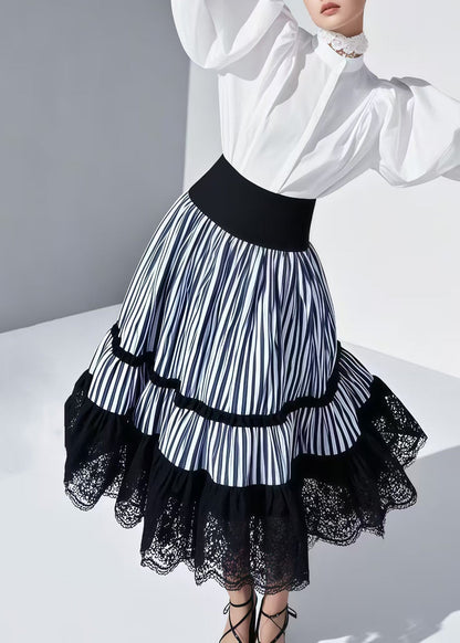 Blue Striped Patchwork Lace Skirt Summer