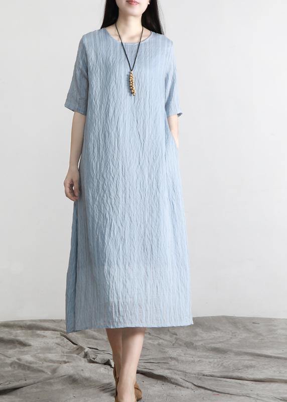 Blue Striped Pockets Robe Summer Cotton Dress