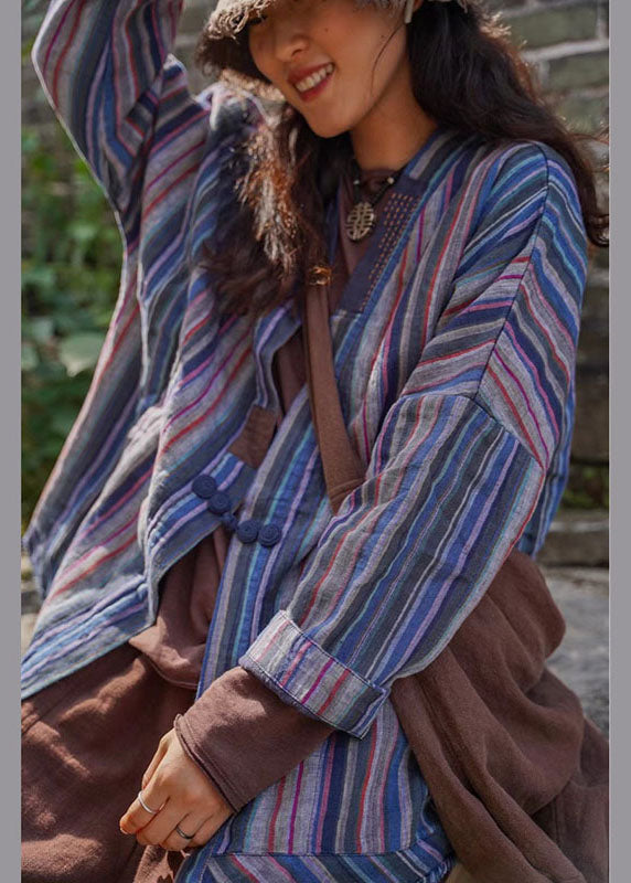 Blue Striped Retro Button Fall Shirt Top