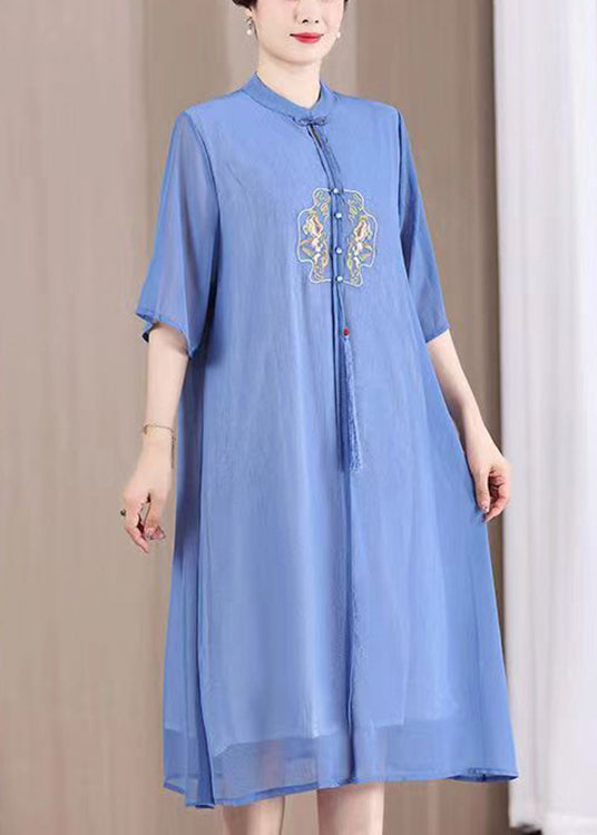 Blue Tasseled Button Patchwork Dresses Summer