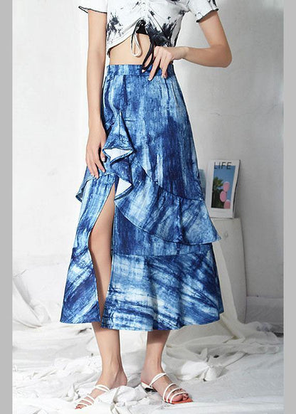 Blue Tie Dye Asymmetrical Design Ruffles Skirts
