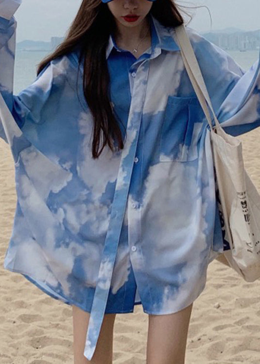 Blue Tie Dye Button Patchwork Cotton Shirt Top Fall