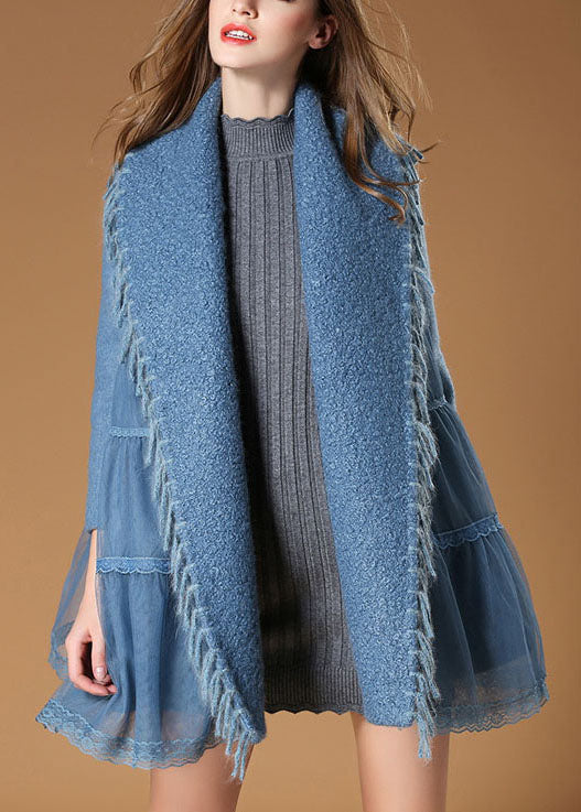 Blue Tulle Patchwork Tasseled Fall Woolen Coat