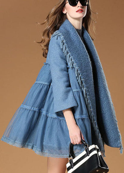 Blue Tulle Patchwork Tasseled Fall Woolen Coat