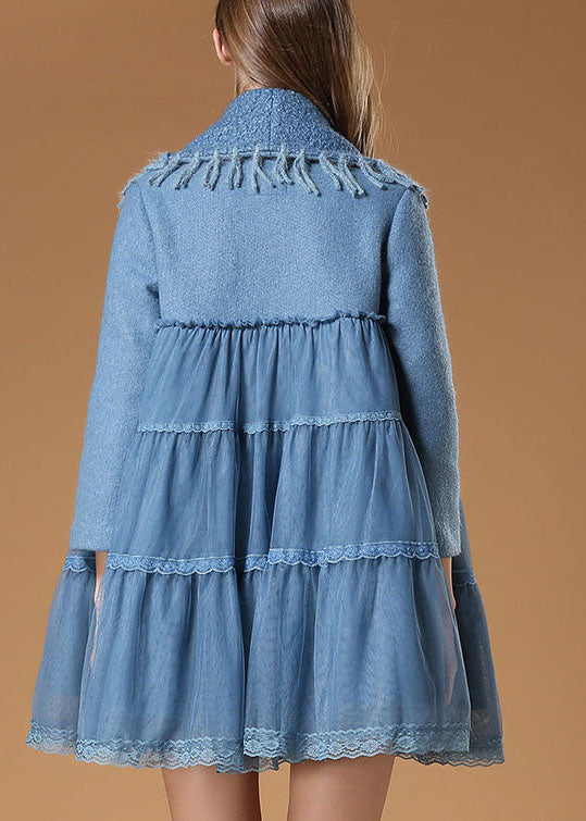 Blue Tulle Patchwork Tasseled Fall Woolen Coat