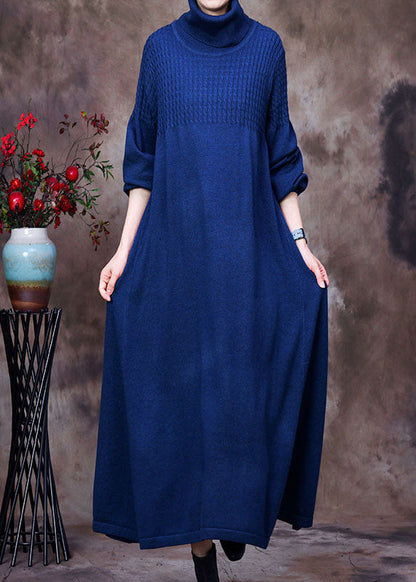 Blue Turtle Neck Long Knit Dress Winter