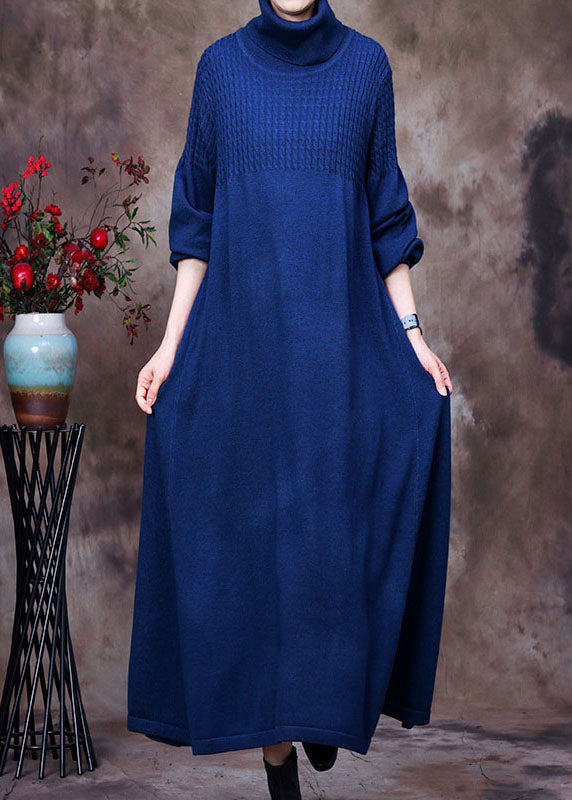 Blue Turtle Neck Long Knit Dress Winter