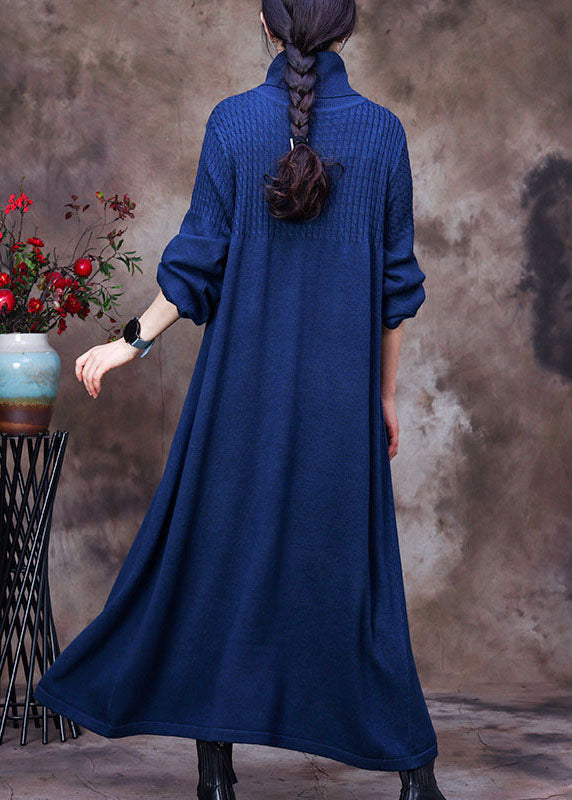 Blue Turtle Neck Long Knit Dress Winter