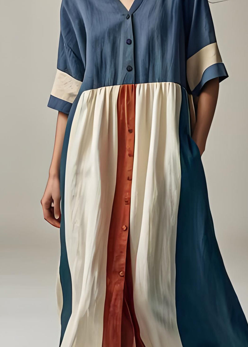 Blue V Neck Button Patchwork Cotton Dresses Summer