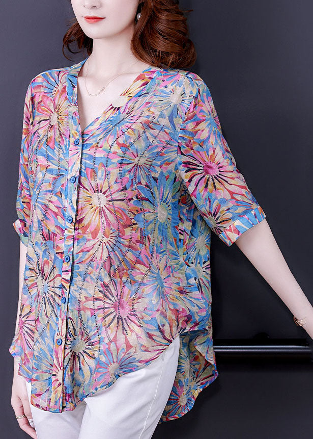 Blue V Neck Button Print Chiffon Shirt Top Half Sleeve