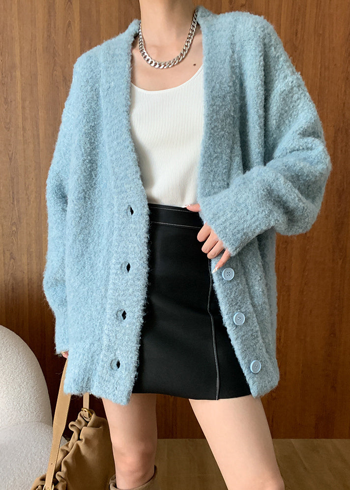 Blue V Neck Button Woolen Cardigans Spring