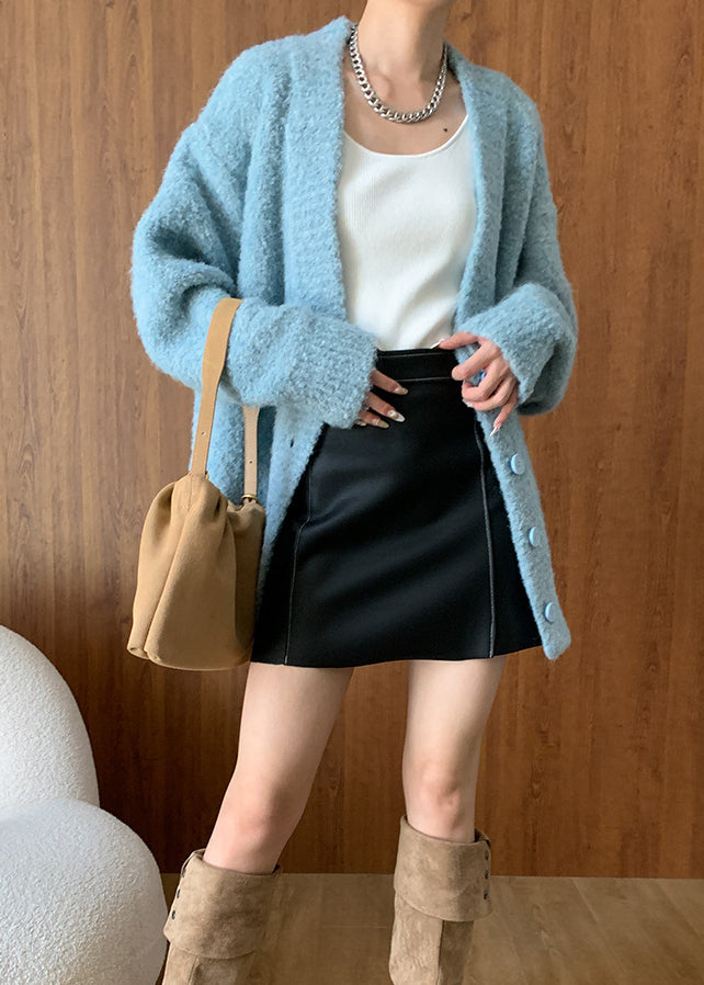 Blue V Neck Button Woolen Cardigans Spring