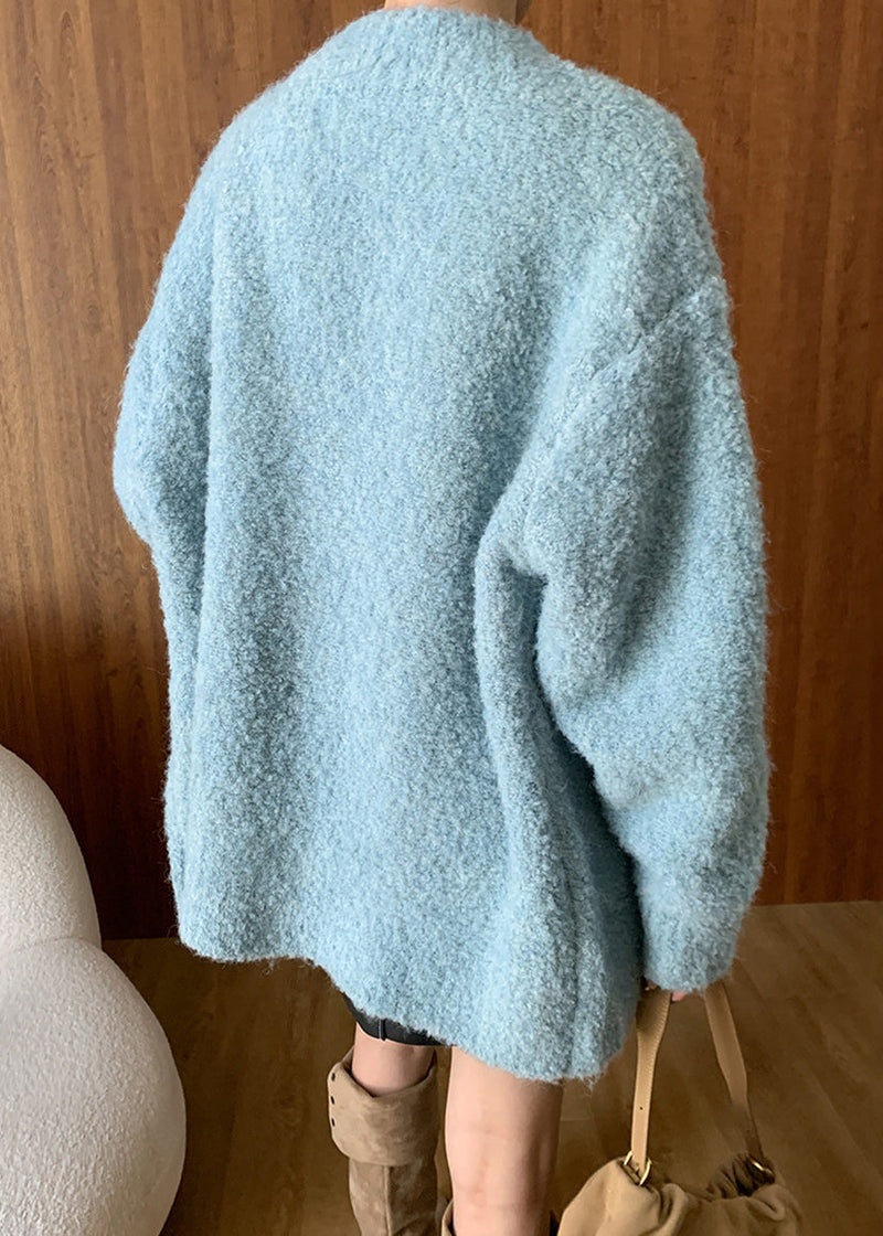 Blue V Neck Button Woolen Cardigans Spring