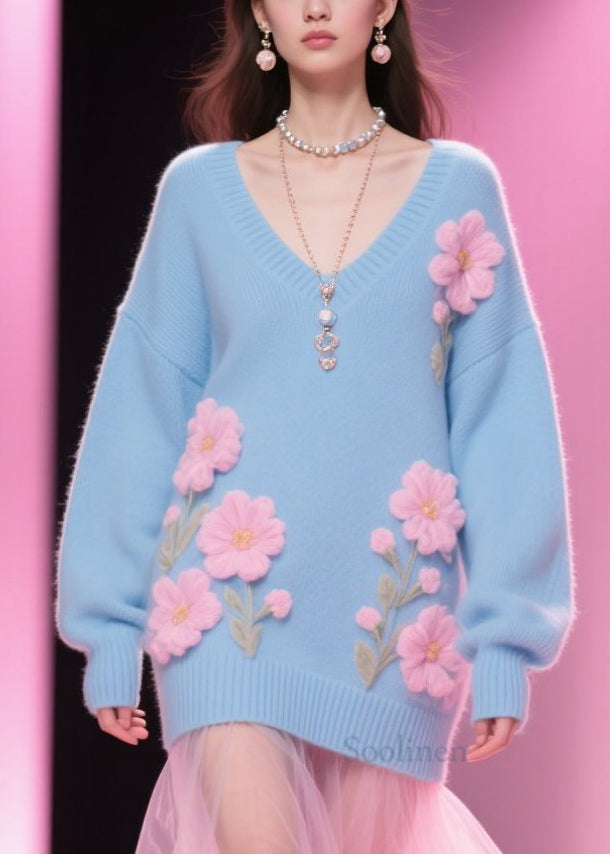Blue V Neck Knit Pullover Winter