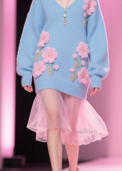 Blue V Neck Knit Pullover Winter