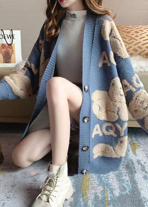 Blue V Neck Jacquard Knit Cardigans Winter
