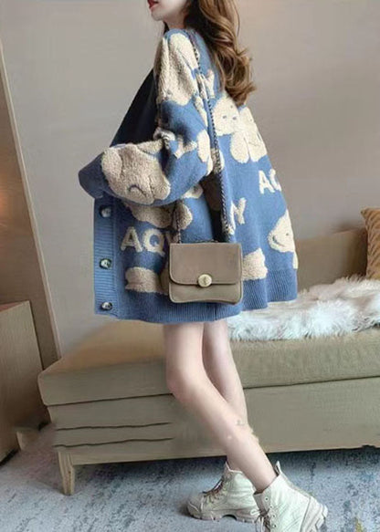 Blue V Neck Jacquard Knit Cardigans Winter