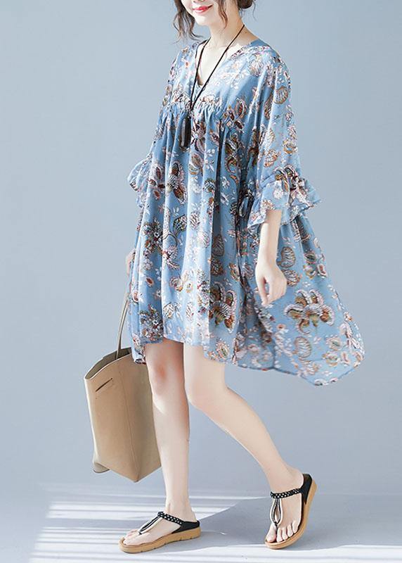 Blue V Neck Loose Print Summer Chiffon Long Dresses Half Sleeve