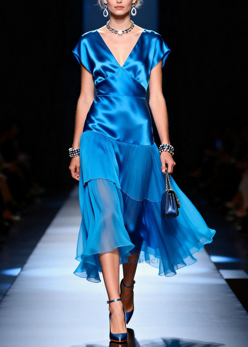 Blue V Neck Patchwork Silk Day Dress Summer