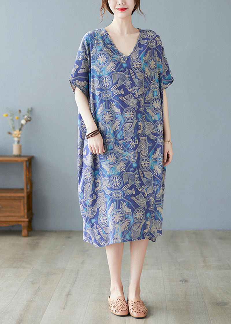 Blue V Neck Print Cotton Holiday Dress Summer