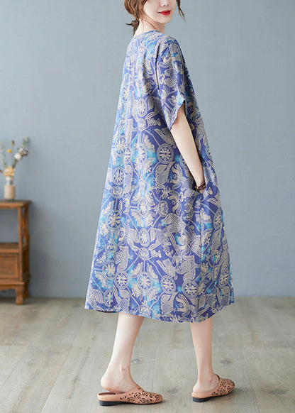 Blue V Neck Print Cotton Holiday Dress Summer