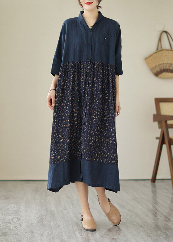 Blue V Neck Print Patchwork Button Cotton Long Dresses Summer