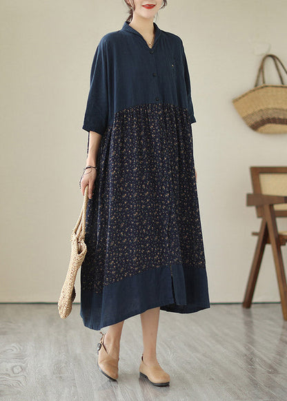 Blue V Neck Print Patchwork Button Cotton Long Dresses Summer