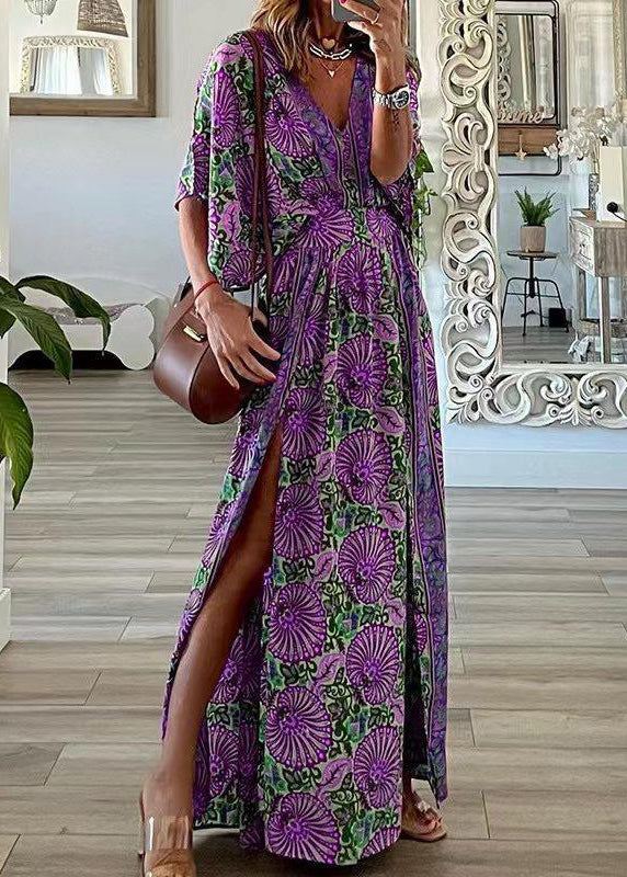 Blue V Neck Print Side Open Cotton Maxi Dresses Summer