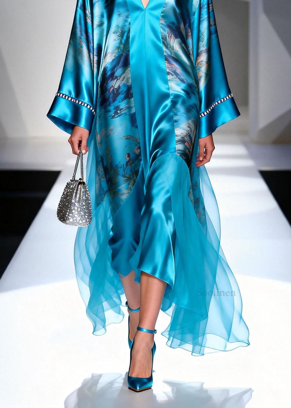 Blue V Neck Print Zircon Silk Long Dress Spring