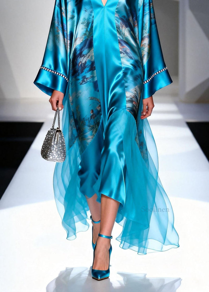 Blue V Neck Print Zircon Silk Long Dress Spring