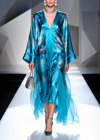 Blue V Neck Print Zircon Silk Long Dress Spring