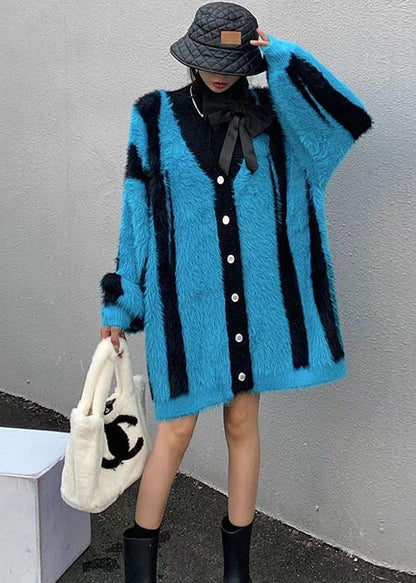 Blue V Neck Striped Mink Hair Knitted Cardigan Winter