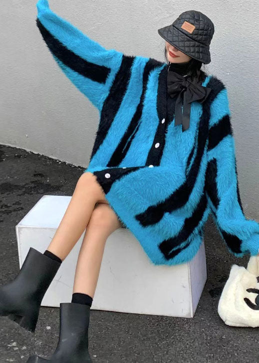 Blue V Neck Striped Mink Hair Knitted Cardigan Winter