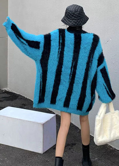 Blue V Neck Striped Mink Hair Knitted Cardigan Winter