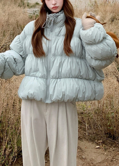 Blue Wrinkled Drawstring Duck Down Puffer Coat Winter