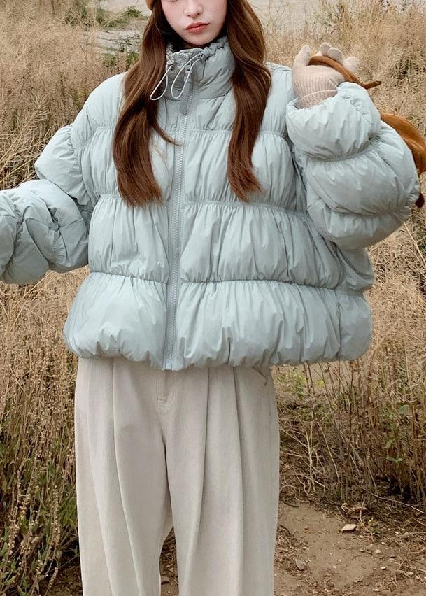 Blue Wrinkled Drawstring Duck Down Puffer Coat Winter